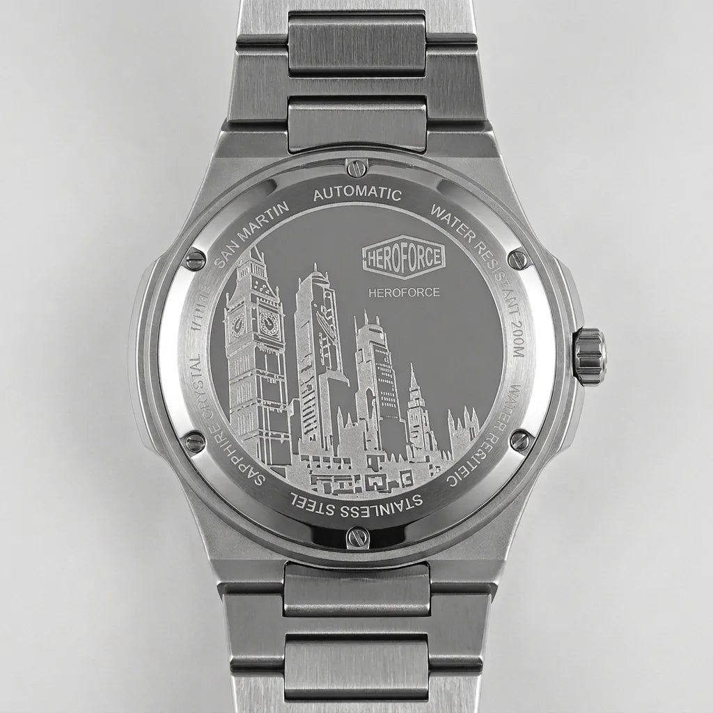 Back view - Stainless steel wristwatch with turquoise sunburst dial, silver markers, and small seconds subdial