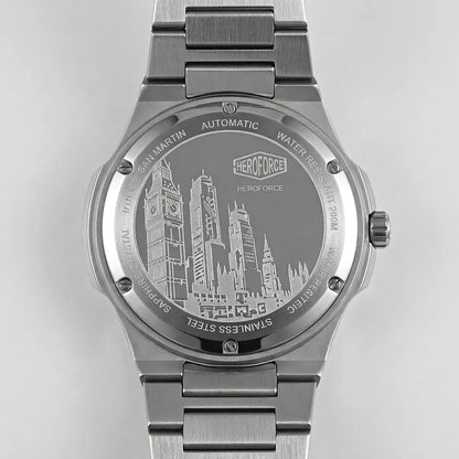 Back view - Stainless steel wristwatch with turquoise sunburst dial, silver markers, and small seconds subdial