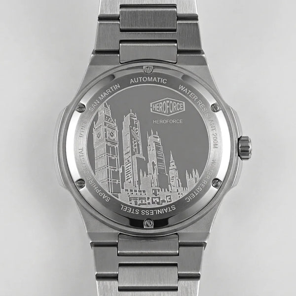 Back view - Stainless steel wristwatch with turquoise sunburst dial, silver markers, and small seconds subdial