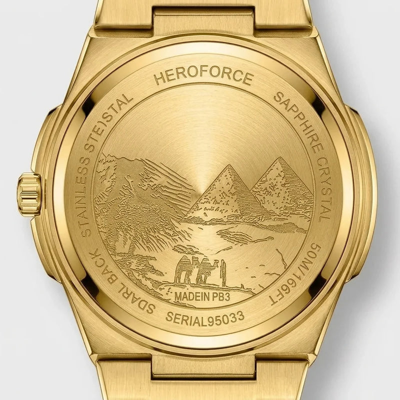 Back view of Gold-tone stainless steel watch with grey textured dial, date display, and integrated bracelet
