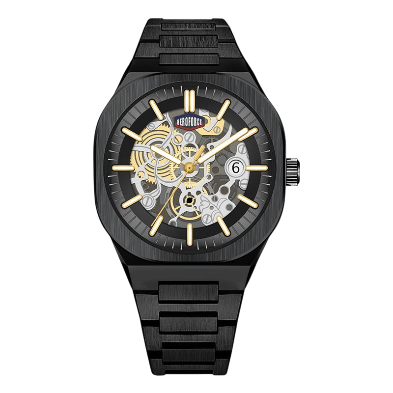 black gold skeleton watch