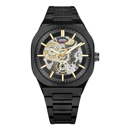 black gold skeleton watch