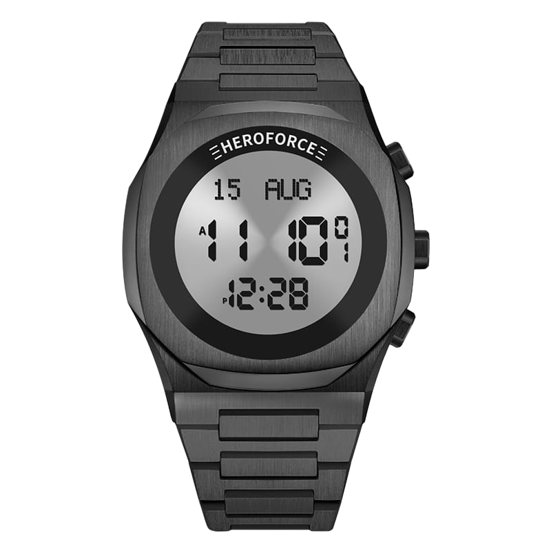 Black metallic digital wristwatch with three side buttons, display 