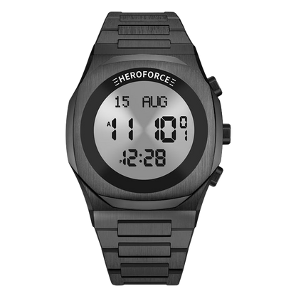Black metallic digital wristwatch with three side buttons, display 