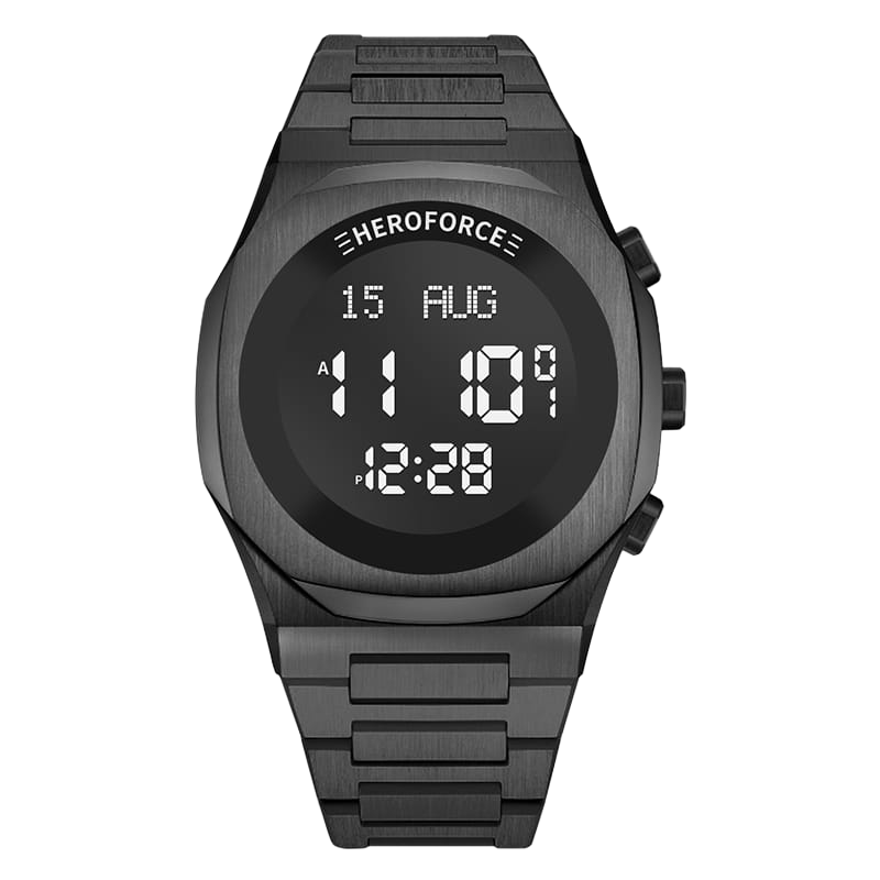 Black metallic digital wristwatch with three side buttons, display showing brand “HEROFORCE,”