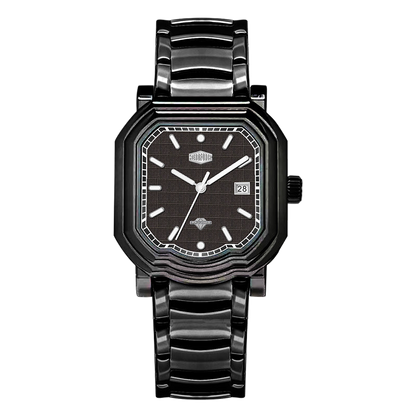 Black stainless steel wristwatch with a black textured dial and date display.