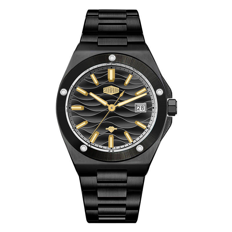 Black stainless steel wristwatch with a black wave patterned dial, gold accents, and date display