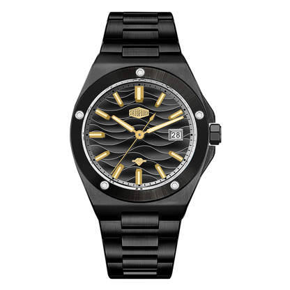 Black stainless steel wristwatch with a black wave patterned dial, gold accents, and date display