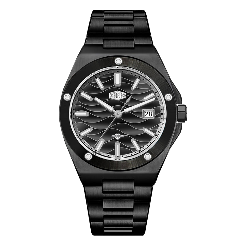 Black stainless steel wristwatch with a black wave patterned dial, silver accents, and date display.