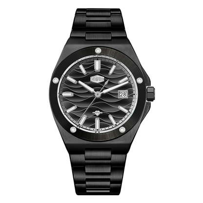 Black stainless steel wristwatch with a black wave patterned dial, silver accents, and date display.