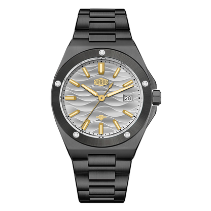Black stainless steel wristwatch with a grey wave patterned dial, gold accents, and date display.