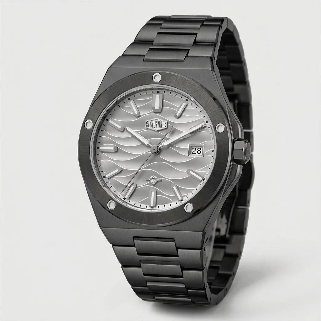 Black stainless steel wristwatch with a silver wave patterned dial and date display.