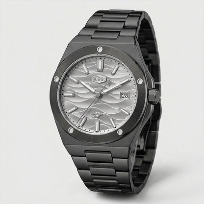 Black stainless steel wristwatch with a silver wave patterned dial and date display.