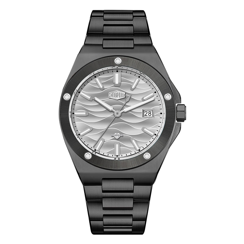 Black stainless steel wristwatch with a silver wave patterned dial and date display.