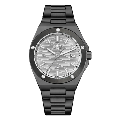 Black stainless steel wristwatch with a silver wave patterned dial and date display.