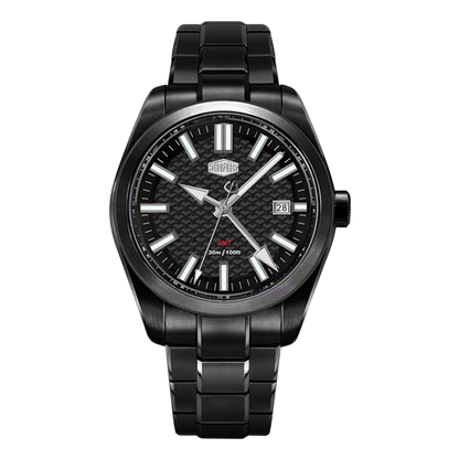 Black wristwatch with a detailed face on a white background