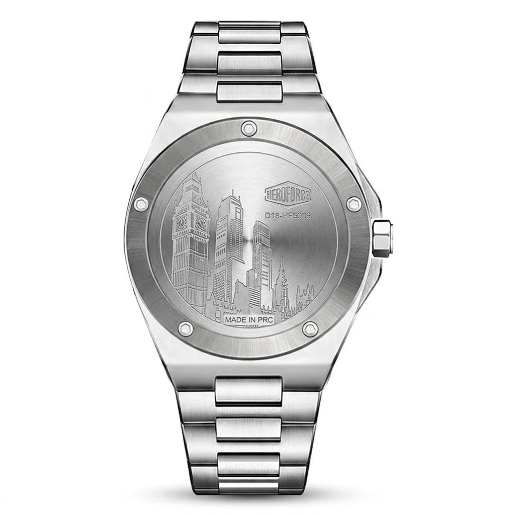Case back - Stainless steel wristwatch with a green wave patterned 