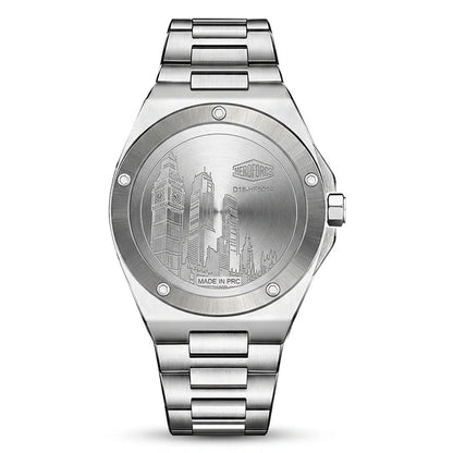 Case back - Stainless steel wristwatch with a green wave patterned 