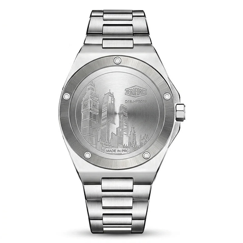 Case back - Stainless steel wristwatch with a green wave patterned 