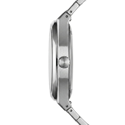 Close-up side profile of a stainless steel smartwatch with a brushed metal case and matching metal link band on a white background.