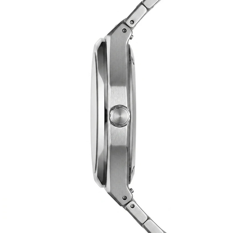 Close-up side profile of a stainless steel smartwatch with a brushed metal case and matching metal link band on a white background.