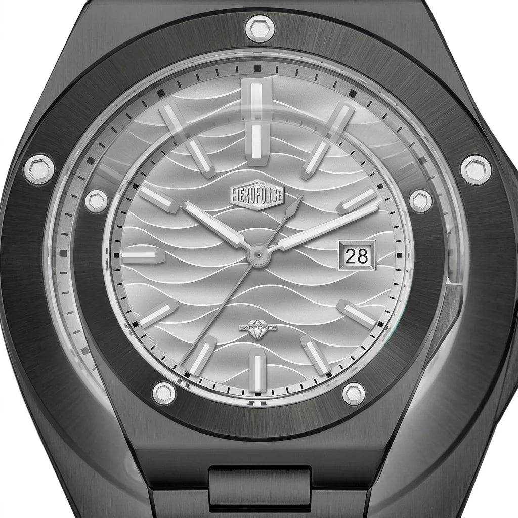Close up - Black stainless steel wristwatch with a silver wave patterned dial and date display.