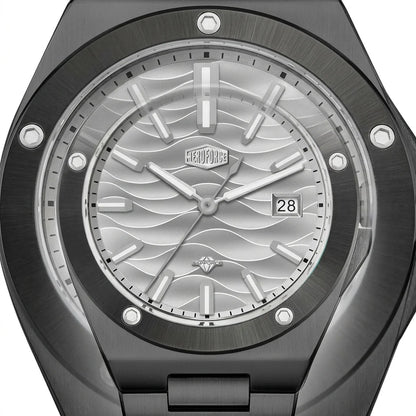 Close up - Black stainless steel wristwatch with a silver wave patterned dial and date display.