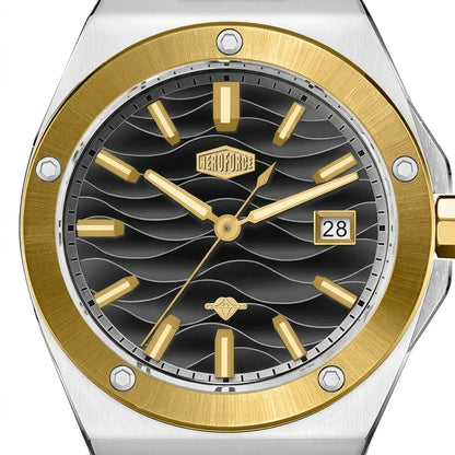 Close up of a black wave patterned watch dial with gold hour markers, gold bezel, and date display.