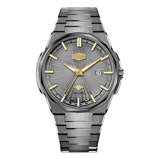 Elegant HEROFORCE wristwatch with silver band, textured gray dial, gold markers and hands, date window at 28, modern two‑tone silver‑and‑gold design.