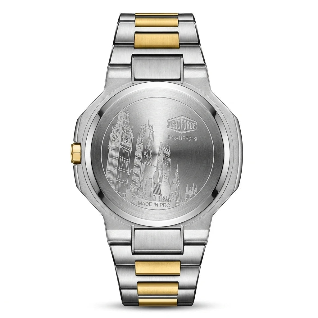 Engraved stainless steel case back featuring a city skyline design and HeroForce branding.