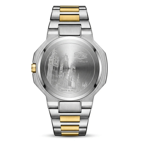 Engraved stainless steel case back featuring a city skyline design and HeroForce branding.