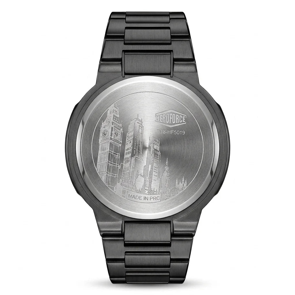 Engraved stainless steel case back featuring a city skyline design and HeroForce branding on a black watch.