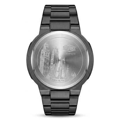 Engraved stainless steel case back featuring a city skyline design and HeroForce branding on a black watch.