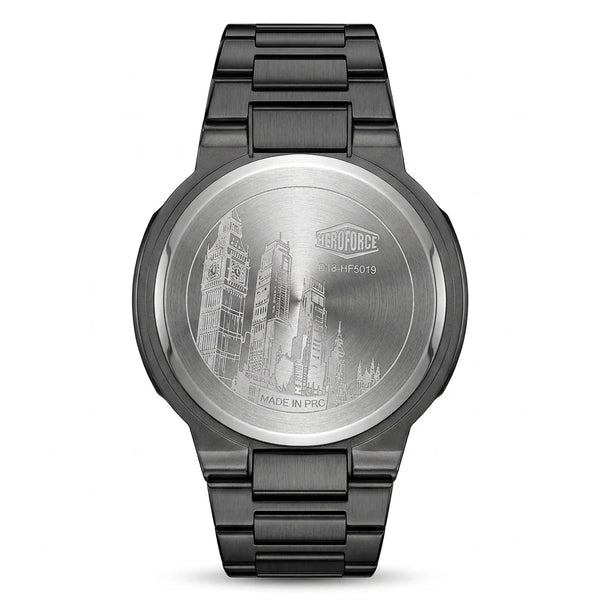 Engraved stainless steel case back featuring a city skyline design and HeroForce branding on a black watch.