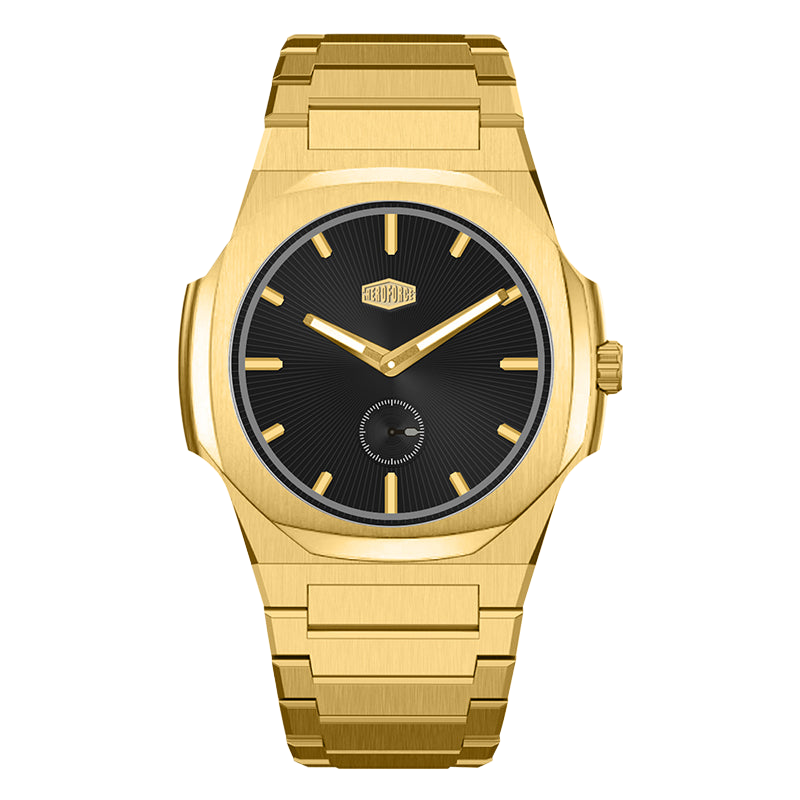 Full Gold Stainless Steel Watch with Black Dial and Small Seconds