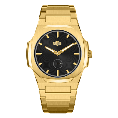 Full Gold Stainless Steel Watch with Black Dial and Small Seconds