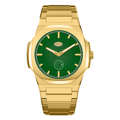 Full Gold Stainless Steel Watch with Green Sunburst Dial and Small Seconds