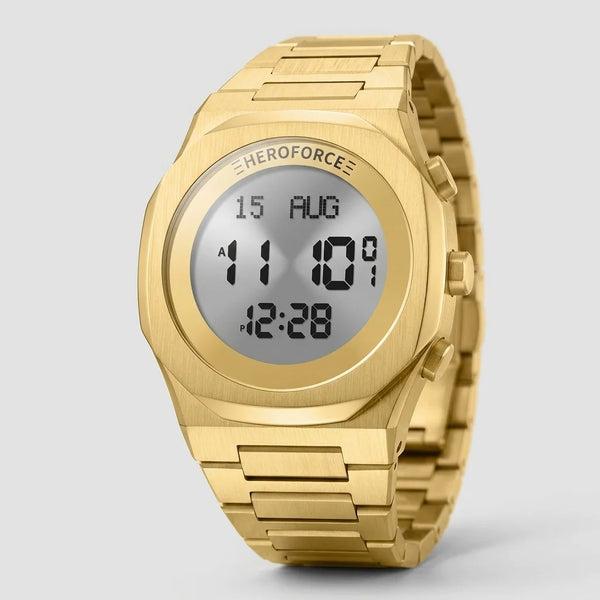 Full frontal view - Gold digital wristwatch with metallic band, three side buttons, and display