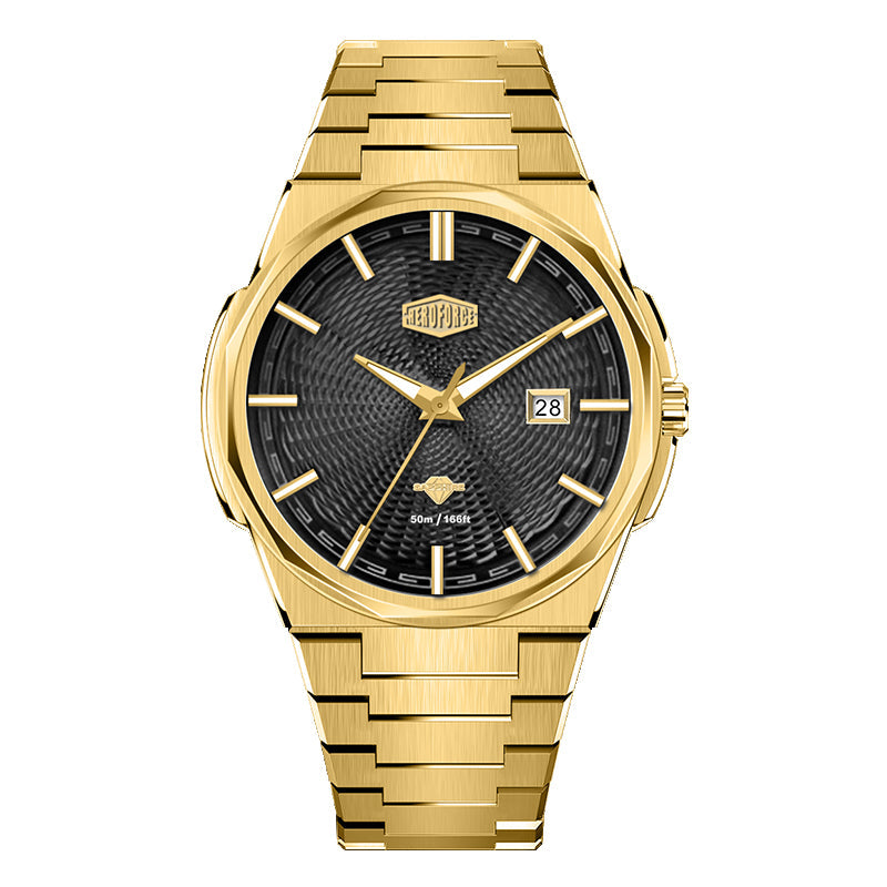 gold watch, black dial