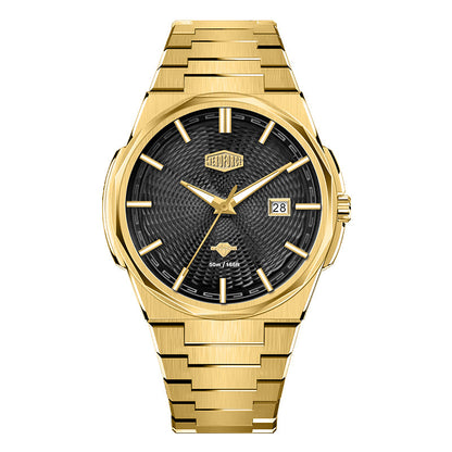 gold watch, black dial
