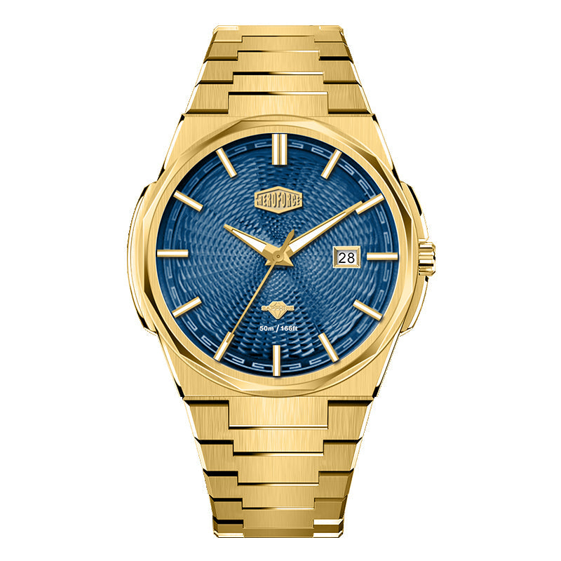 gold watch, blue textured dial