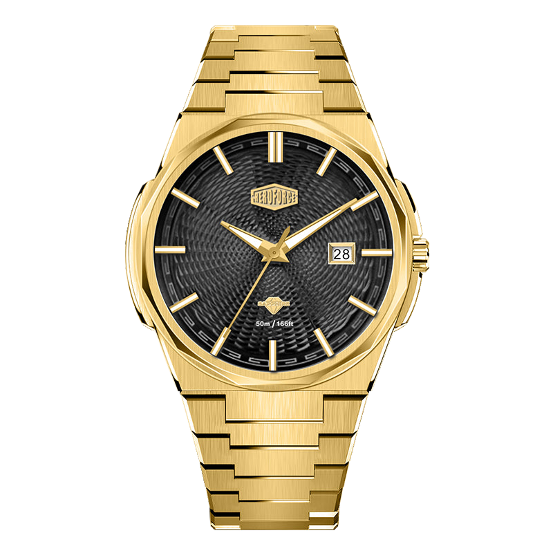 Gold-tone stainless steel watch with black textured dial, date display, and integrated bracelet