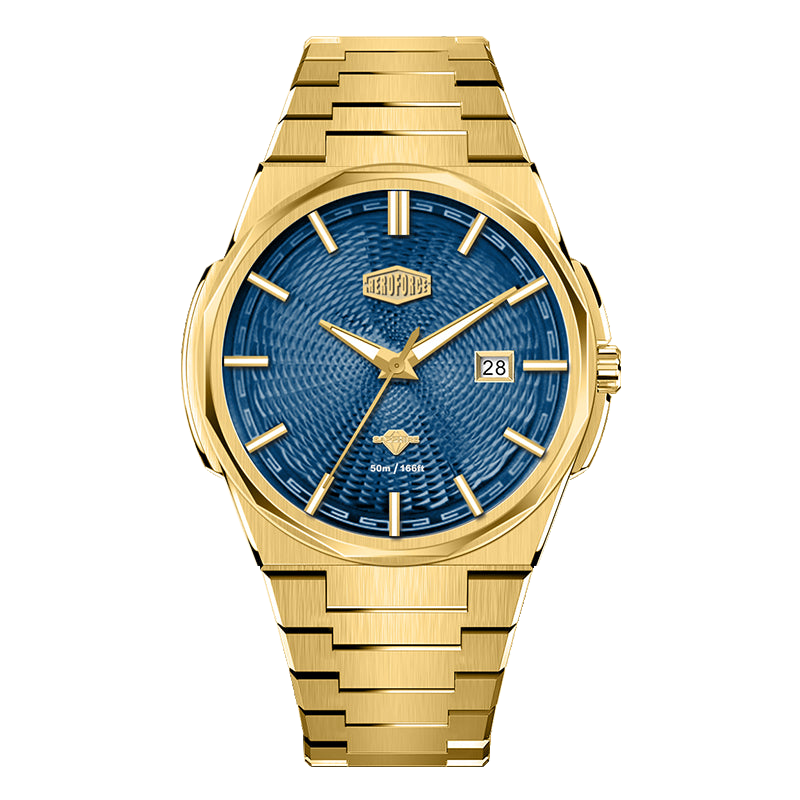 Gold-tone stainless steel watch with blue textured dial, date display, and integrated bracelet