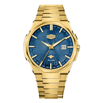 Gold-tone stainless steel watch with blue textured dial, date display, and integrated bracelet