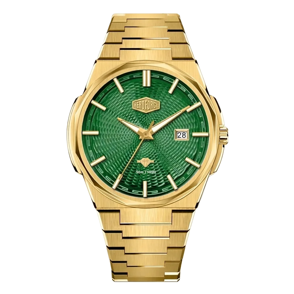 Gold-tone stainless steel watch with green textured dial, date display, and integrated bracelet