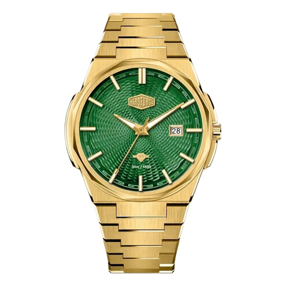 Gold-tone stainless steel watch with green textured dial, date display, and integrated bracelet