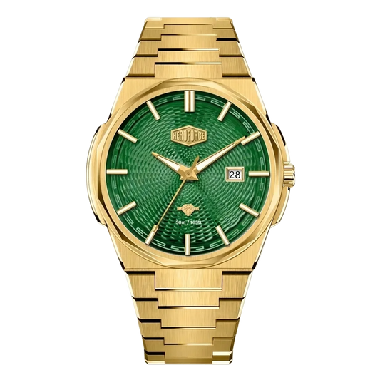 Gold-tone stainless steel watch with green textured dial, date display, and integrated bracelet