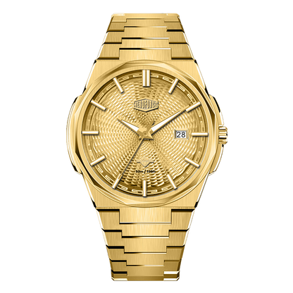 Gold-tone stainless steel watch with matching gold textured dial, date display, and integrated bracelet