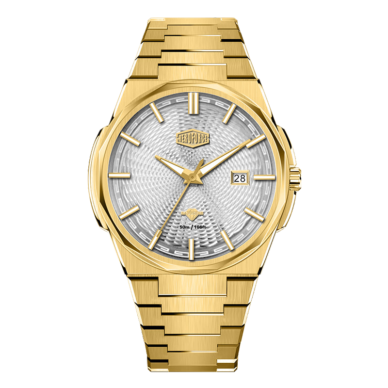 Gold-tone stainless steel watch with silver textured dial, date display, and integrated bracelet