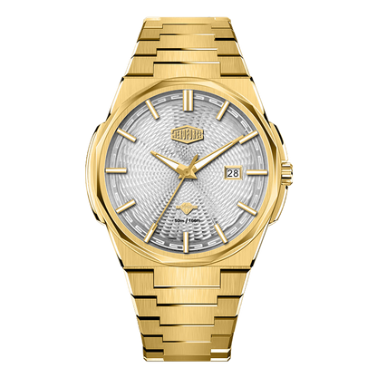 Gold-tone stainless steel watch with silver textured dial, date display, and integrated bracelet